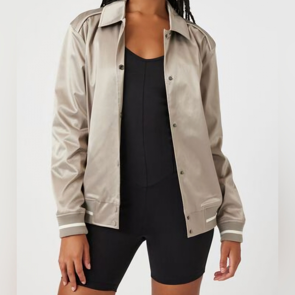 Forever 21 Satin Varsity-Striped Bomber Jacket